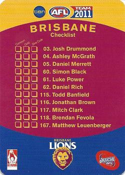2011 Team Zone AFL Team - Team Checklists #NNO Brisbane Lions Back